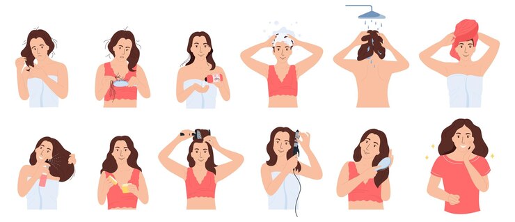 Vetor grátis conjunto de ícones planos de rotina de cuidados com os cabelos de personagens femininas aplicando produtos de cuidados de beleza cabelos secos e estilo de penteado ilustração vetorial isolada