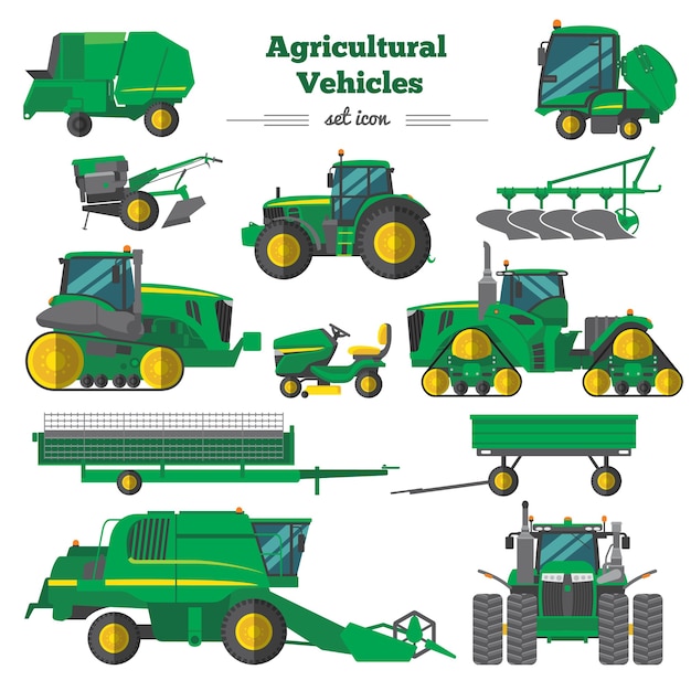 Vetor grátis conjunto de ícones planos de veículos agrícolas