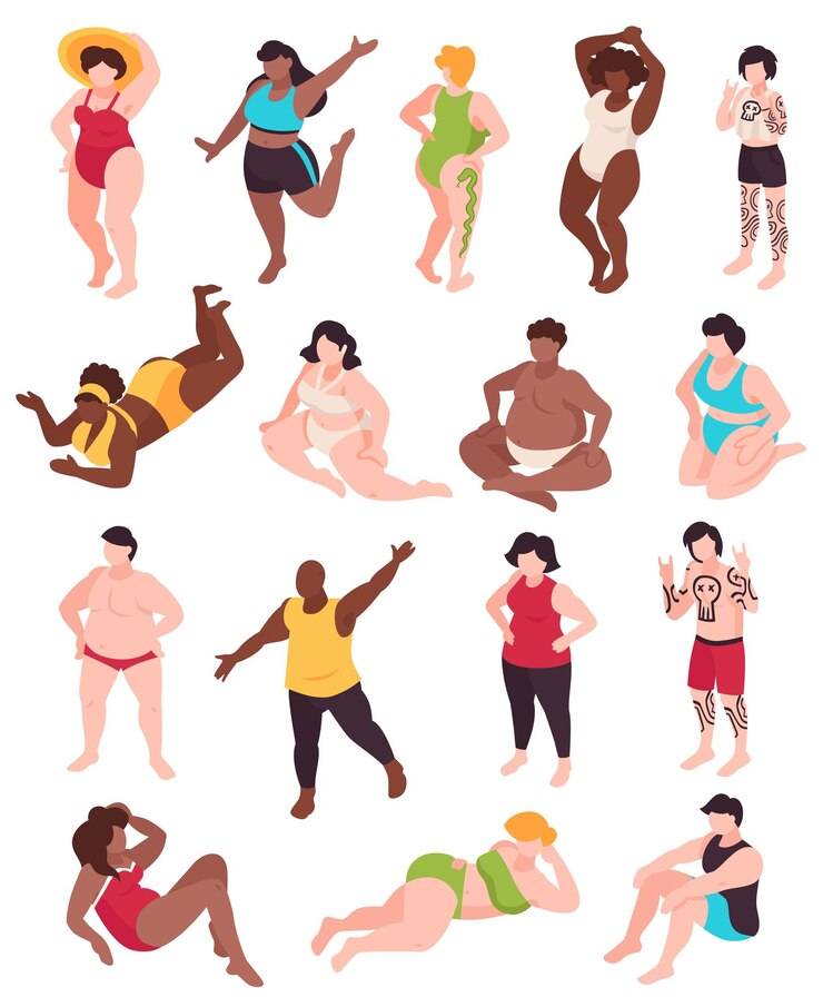 Vetor grátis conjunto de ícones positivos do corpo com ilustração vetorial isométrica de moda praia