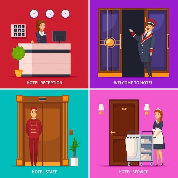 Vetor grátis conjunto de ícones quadrados de conceito de serviço de hotel com personagens de desenhos animados do porteiro recepcionista camareiro