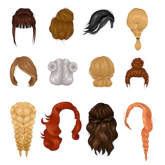Conjunto de ícones realista de perucas mulheres penteado
