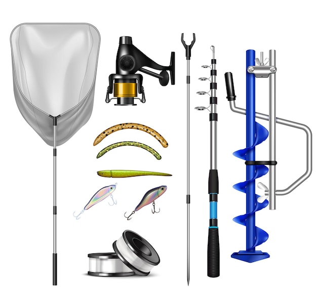 Conjunto de ícones realistas de equipamentos de pesca isolados com rede de gabaritos e hastes na ilustração vetorial de fundo em branco