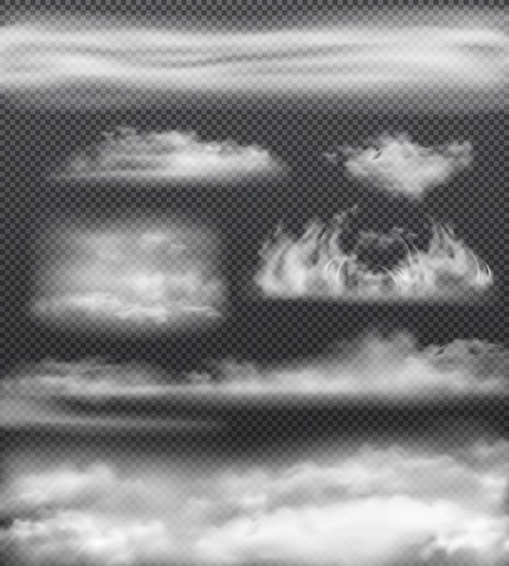 Vetor grátis conjunto de ícones realistas de nevoeiro branco tamanhos diferentes e isolados na ilustração de fundo transparente