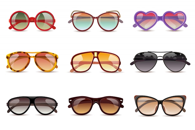 Conjunto de ícones realistas de óculos de sol de proteção de sol de verão