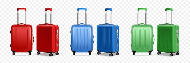 Conjunto de ícones transparentes de bagagem de viagem realista três tipos de malas de plástico em ilustração vetorial de dois ângulos