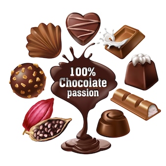 Conjunto de ícones vetoriais de sobremesas de chocolate e doces, chocolate líquido e feijões de cacau