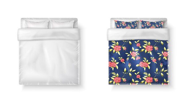 conjunto de ícones vetoriais realistas Cama de casal com edredom de lençóis brancos e dois travesseiros em branco e pr