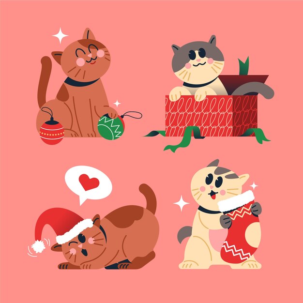 Conjunto de ilustra??o plana de desenho de gato de natal