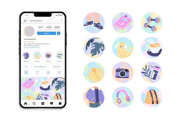 Vetor grátis conjunto de ilustra??o plana de destaque do instagram