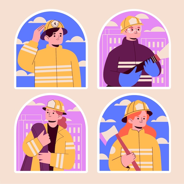 Conjunto de ilustração de bombeiros ingênuos