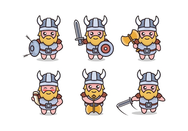 Conjunto de ilustração de desenho de mascote viking bárbaro fofo com fundo branco