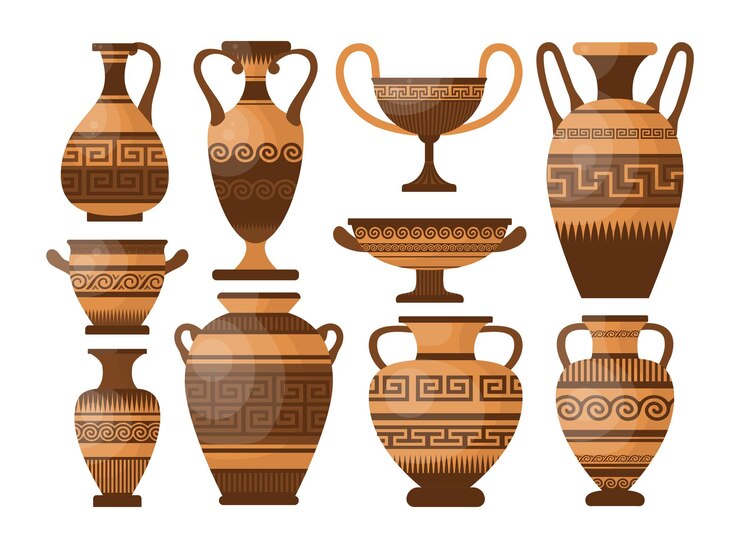 Vetor grátis conjunto de ilustração de desenhos animados de cerâmica e vasos grego antigo. ânforas, jarros, jarros e potes com motivos, ornamentos e decorações para óleos e líquidos. conceito de barro grego