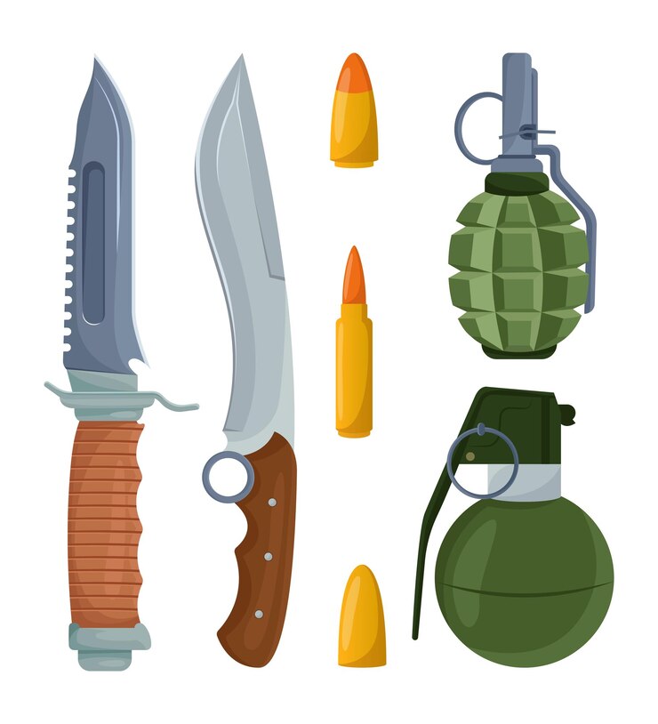 Vetor grátis conjunto de ilustração de desenhos animados de facas afiadas, balas e granadas. equipamento militar para soldados em fundo branco. arma de lâmina, guerra, conflito militar, conceito de assalto