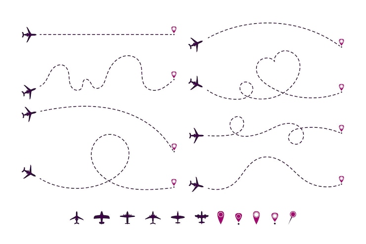 Conjunto de ilustração de desenhos animados de trajetórias de avião pontilhado. Caminho ou caminho de avião, aeronave de jato em forma de coração, linha ou círculos com ponto de destino ou marca de localização. Viagem, distância, conceito de rota