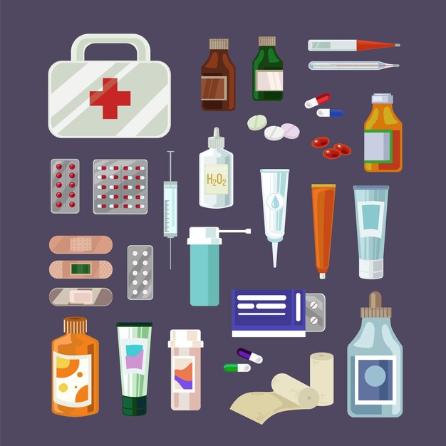 Conjunto de ilustração de desenhos animados de vários comprimidos e garrafas de drogas. Seringa, termômetro, analgésico, elixires com rótulo, medicação contra doenças. Prescrição de médicos para cura. Farmácia, conceito de saúde