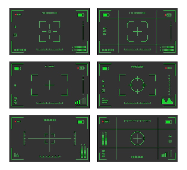 Vetor grátis conjunto de ilustração de desenhos animados de visores de câmera. gravação ou captura de tela da câmera com configurações. exibição da câmera de vídeo. cctv, fotografia, filmagem, conceito de cinematografia