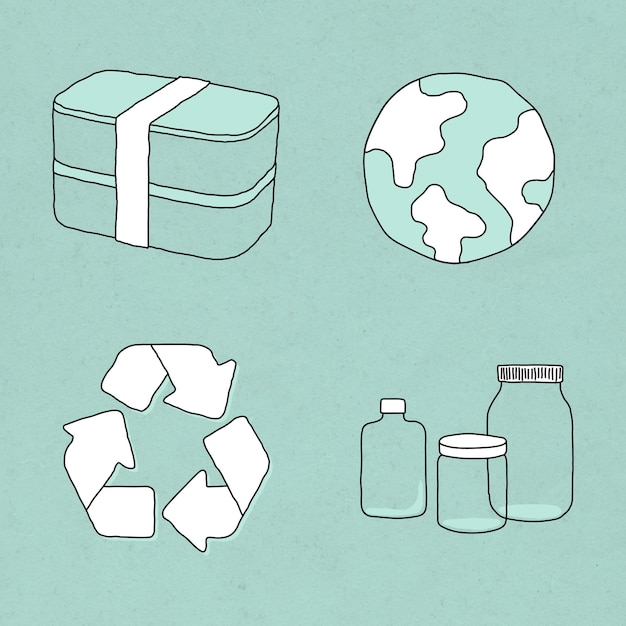 Vetor grátis conjunto de ilustração de doodle de produto ecológico