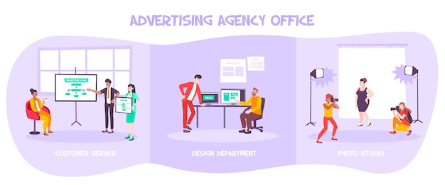 Vetor grátis conjunto de ilustração de escritório para agência de publicidade