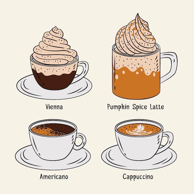 Vetor grátis conjunto de ilustração de tipos de café