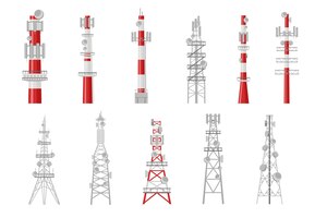 Vetor grátis conjunto de ilustração de torres de rádio de desenho animado
