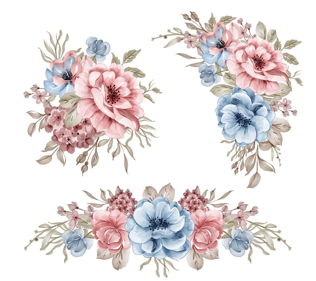 Conjunto de ilustração em aquarela de arranjo de flor rosa azul