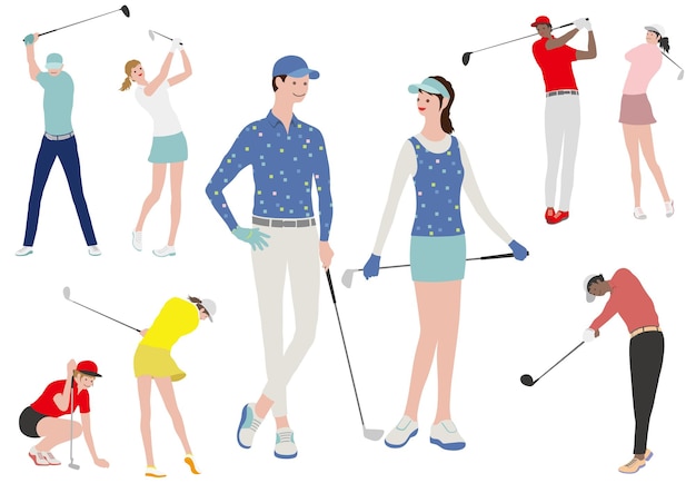 Conjunto de ilustração plana de jogadores de golfe vetor isolado em um fundo branco.