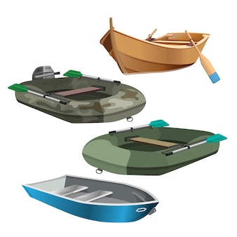 Conjunto de ilustração vetorial realista de barcos isolado no branco. embarcações de pesca e infláveis com remos, barco de borracha e madeira