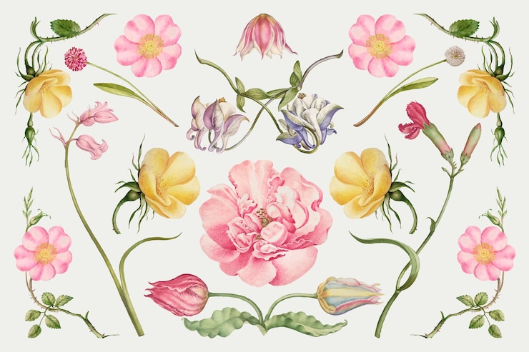 Vetor grátis conjunto de ilustração vintage flor florescendo