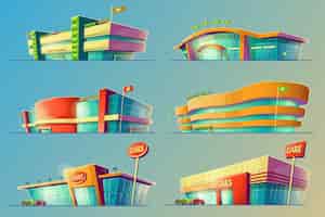 Vetor grátis conjunto de ilustrações de desenhos animados de vetores, vários edifícios de supermercados, lojas, grandes centros comerciais, lojas