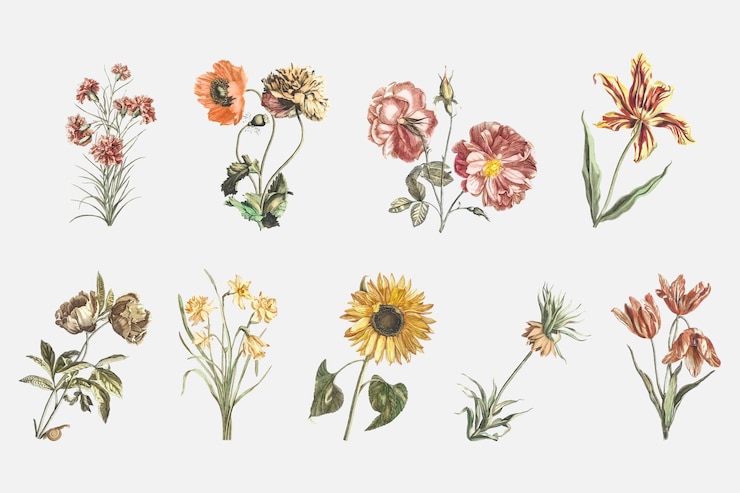 Vetor grátis conjunto de ilustrações de mão desenhada de vetor de flores vintage