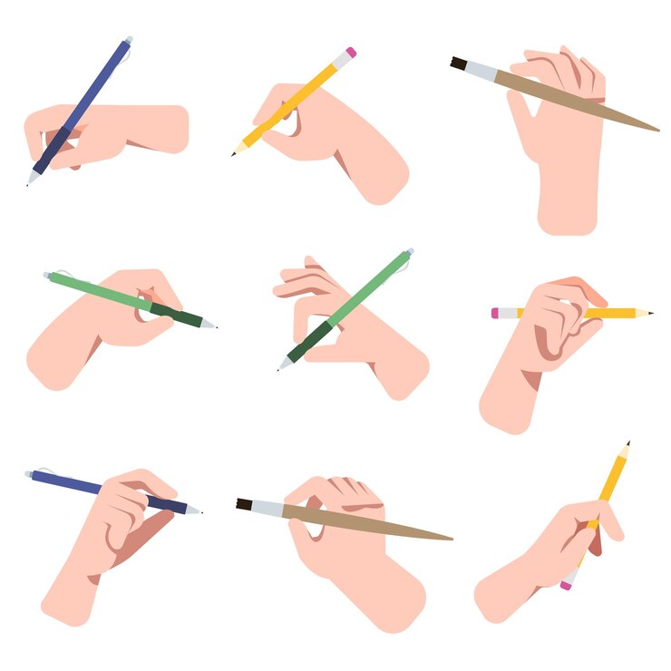 Vetor grátis conjunto de ilustrações de mãos segurando canetas, lápis e pincéis