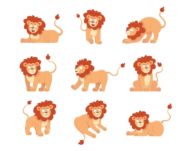 Vetor grátis conjunto de ilustrações de personagens de desenhos animados de leão fofo