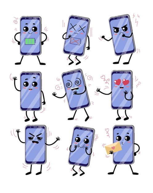 Vetor grátis conjunto de ilustrações de vetor de personagem de desenho animado de celular bonito. personagem de smartphone feliz, sonolento e irritado, celular em quadrinhos sorrindo em fundo branco. tecnologia, comunicação, conceito de emoções