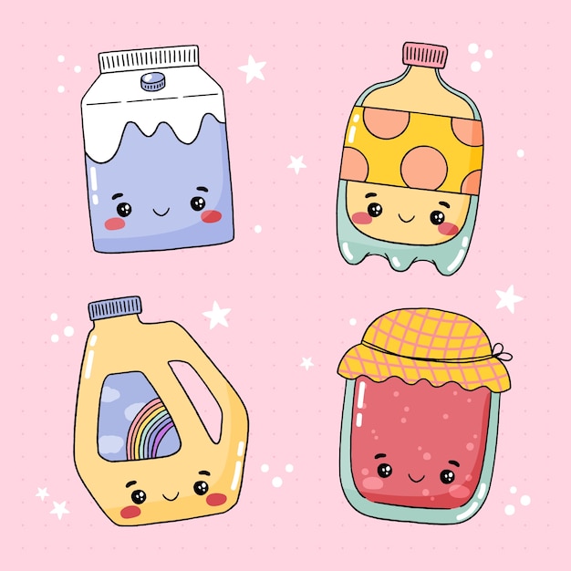 Conjunto de ilustrações kawaii desenhadas à mão