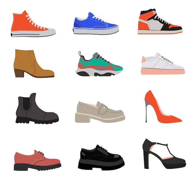 Vetor grátis conjunto de ilustrações planas aleatórias de sapatos femininos. calçados femininos de verão, outono e inverno, mocassins, botas, tênis, salto isolado no branco