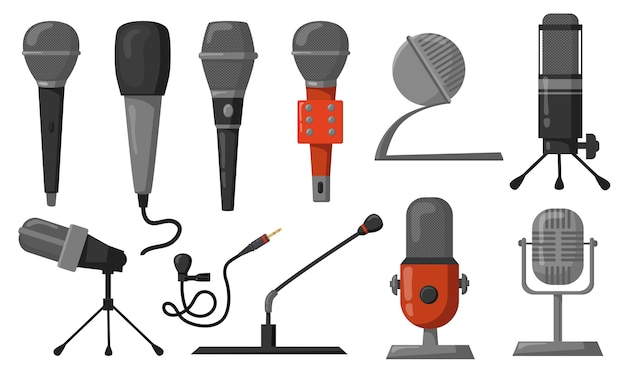 Conjunto de ilustrações planas de microfones. Equipamento de estúdio para podcast ou gravação ou transmissão de música. Ilustração vetorial para tecnologia de áudio, comunicação, conceito de desempenho