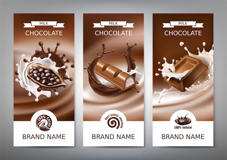 Vetor grátis conjunto de ilustrações vetoriais 3d realistas, bandeiras com salpicos de chocolate derretido e leite