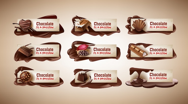 Vetor grátis conjunto de ilustrações vetoriais, banners com doces de chocolate, barra de chocolate, cacau e chocolate derretido