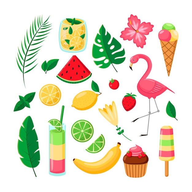 Vetor grátis conjunto de ilustrações vetoriais de elementos de festa de praia diferente. coleção de desenhos de coquetéis, frutas, flamingos, flores. férias de verão, decoração, natureza, paraíso, conceito de comida para cartão