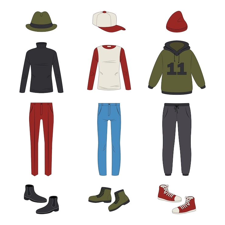 Vetor grátis conjunto de ilustrações vetoriais de roupas e acessórios para homens