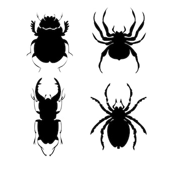 Conjunto de ilustrações vetoriais de silhueta de besouros e aranhas estilo de desenho à mão