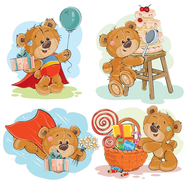 Vetor grátis conjunto de ilustrações vetoriais de vetores de urso de peluche marrom deseja-lhe um feliz aniversário.