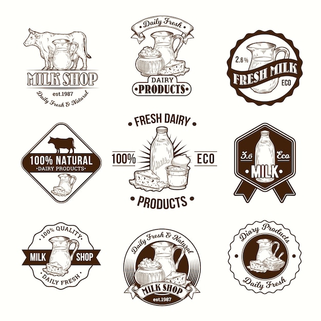 Vetor grátis conjunto de ilustrações vetoriais, emblemas, adesivos, rótulos, logotipo, selos para leite e produtos lácteos