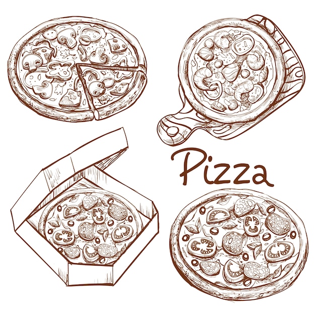 Conjunto de ilustrações vetoriais pizza integral e fatia, pizza em uma placa de madeira, pizza em uma caixa para entrega.