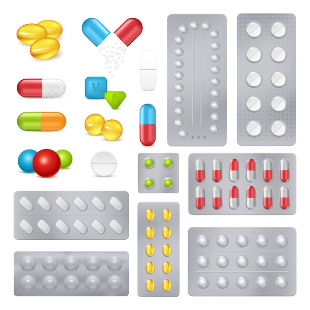 Conjunto de imagens realistas de cápsulas de comprimidos de medicamento