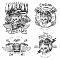 Vetor grátis conjunto de impressões de t-shirt de motocicleta vintage, emblemas, etiquetas, emblemas e logotipos. estilo monocromático. isolado em fundo branco