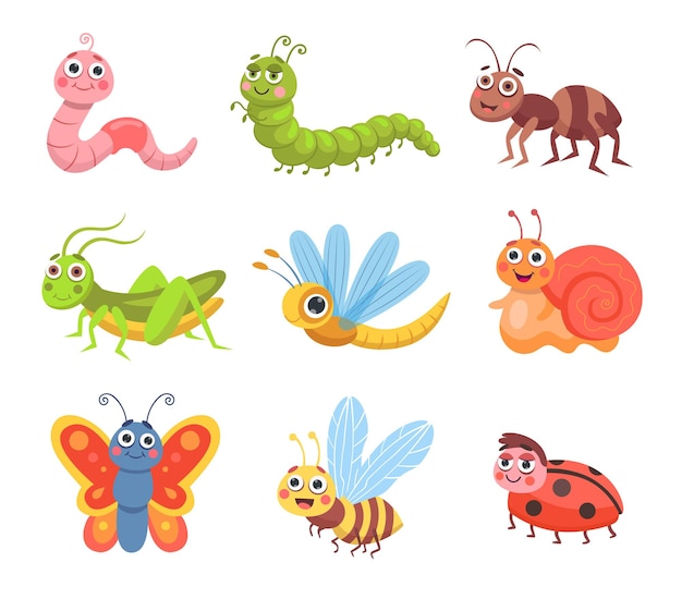 Conjunto de insetos bonito dos desenhos animados. ilustrações de animais da floresta ou do jardim, personagens engraçados de insetos