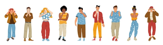 Conjunto de jovens surpresos no fundo branco