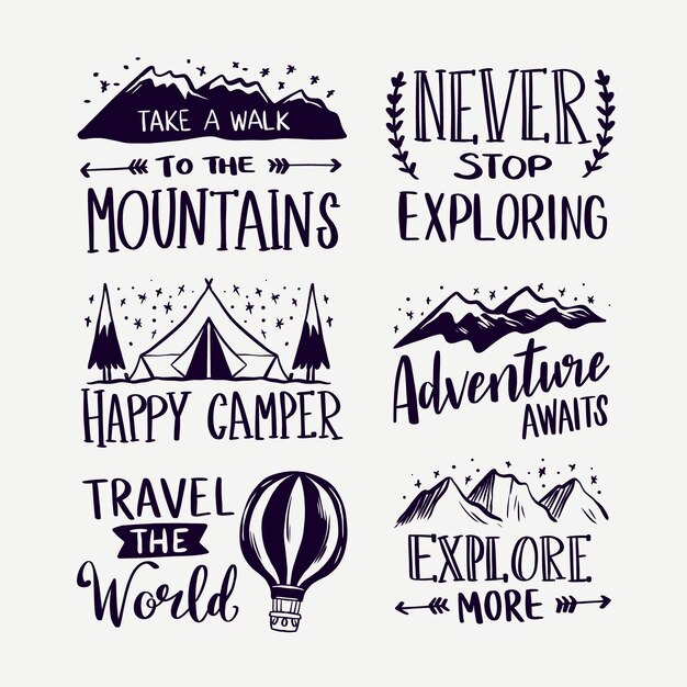 Conjunto de letras de acampamento e aventuras