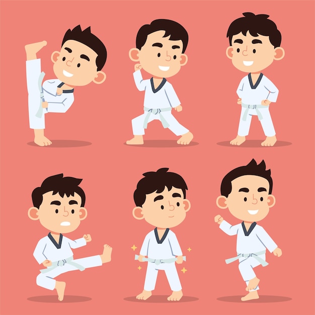 Conjunto de lindo menino com artes marciais em poses diferentes